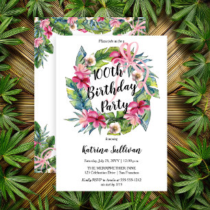 Tropical Leaves  Pink Floral 100th Birthday Party  Invitation