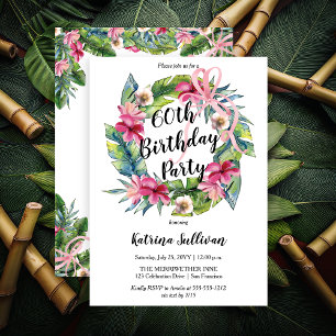 Tropical Leaves   Pink Floral 60th Birthday Party  Invitation