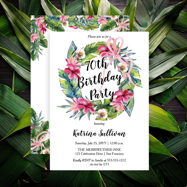 Tropical Leaves | Pink Floral 70th Birthday Party Invitation (Boho Pink Hibiscus and Tropical Leaves with Pink Coquette Bow 70th Birthday Party Invitation)