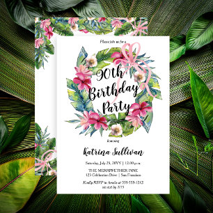 Tropical Leaves   Pink Floral 90th Birthday Party Invitation