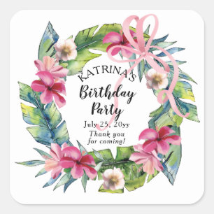 Tropical Leaves Pink Floral Birthday Party Square Sticker