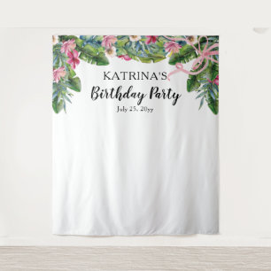 Tropical Leaves   Pink Floral Birthday Party Tapestry