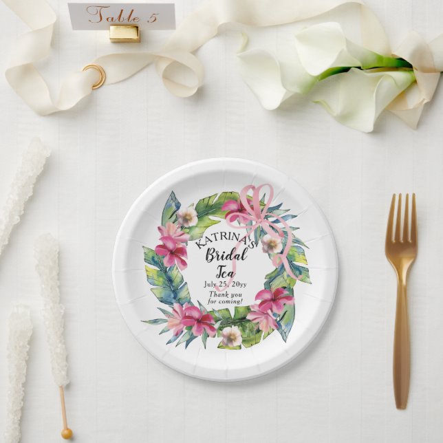 Tropical Leaves | Pink Floral Bridal Tea Shower Paper Plate (Wedding)