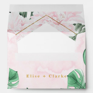 Tropical Leaves Pink Floral Gold Wedding Envelope