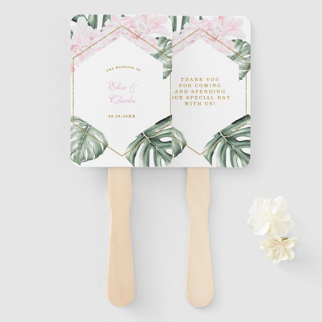 Tropical Leaves Pink Floral Gold Wedding Thank You Hand Fan (Front and Back)