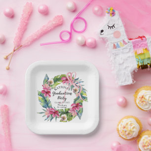 Tropical Leaves   Pink Floral Graduation Party Paper Plate