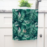 Tropical Leaves Pink & Green Monogram Tea Towel<br><div class="desc">A trendy lush greenery monogram design with large typography initials in a classic font with your name below on pink and green leaf background. Add your custom wording to this design by using the "Edit this design template" boxes on the right-hand side of the item or click the blue "Customise...</div>