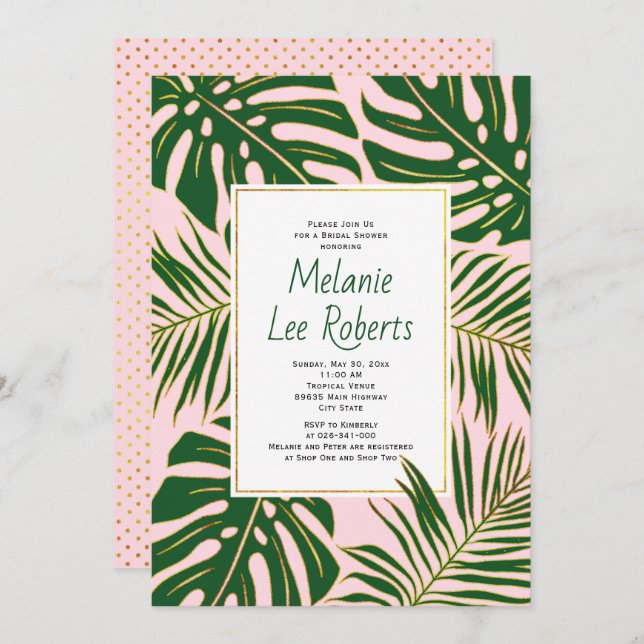 Tropical leaves pink wedding bridal shower invitation (Front/Back)