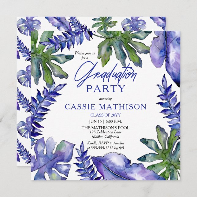 Tropical Leaves Purple | Green Graduation Party Invitation (Front/Back)