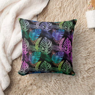 Tropical Leaves Purple Teal Black Iridescent Cushion