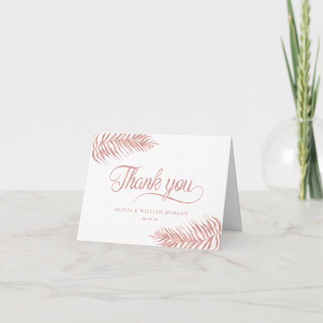 Tropical Leaves Rose Gold Elegant Wedding Thank You Card (Front)