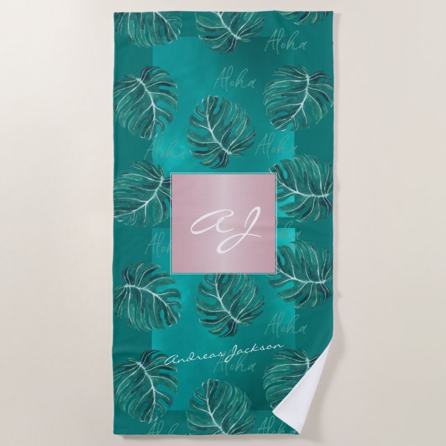 Tropical leaves rose gold modern monogram name beach towel (Front)
