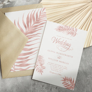 Tropical Leaves Rose Gold White Elegant Wedding Invitation