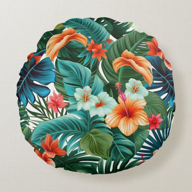 Tropical leaves round cushion (Front)