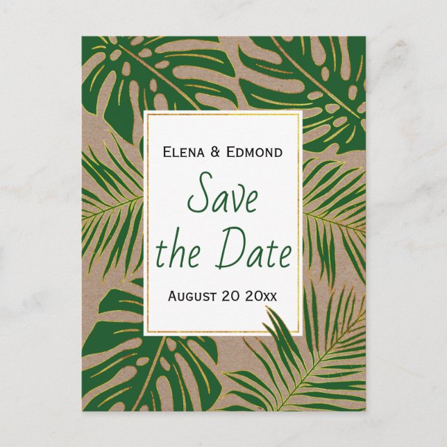 Tropical leaves rustic green wedding Save the Date Announcement Postcard (Front)