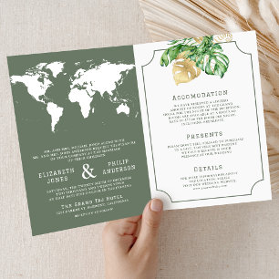 Tropical Leaves Sage Green Map All in One Wedding Invitation