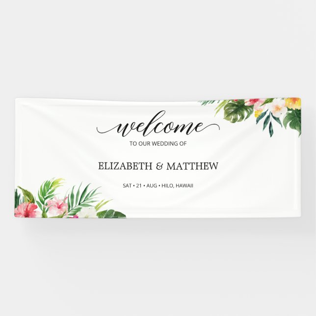 Tropical Leaves Script Wedding Welcome Banner (Horizontal)