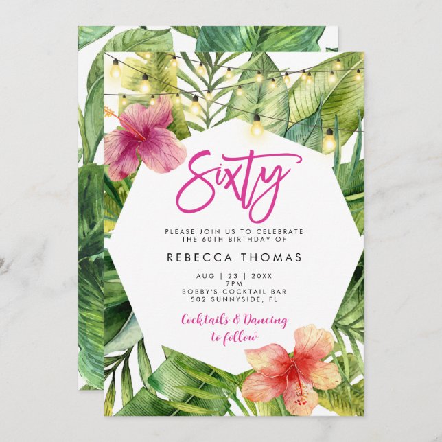Tropical leaves sixty birthday party invitation (Front/Back)