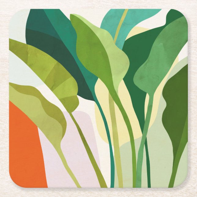 Tropical Leaves Square Paper Coaster (Front)