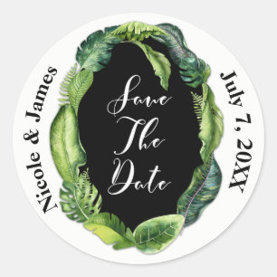 Tropical Leaves Summer Chic Wedding Save the Date Classic Round Sticker