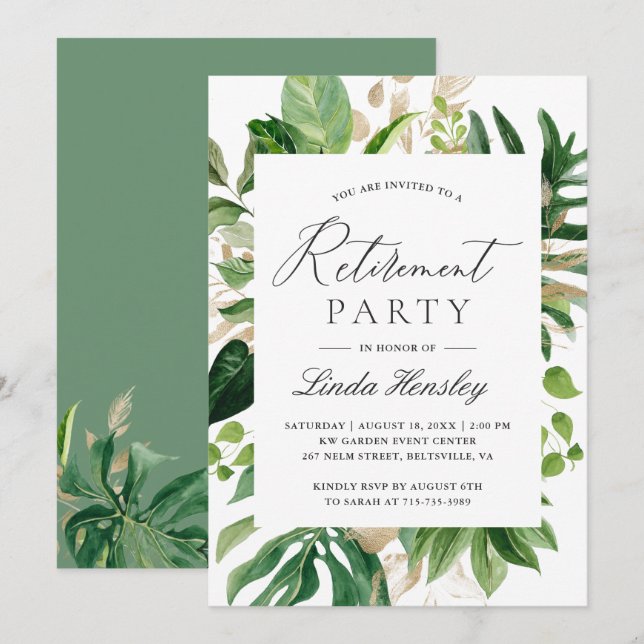 Tropical Leaves Summer Retirement Party Invitation (Front/Back)