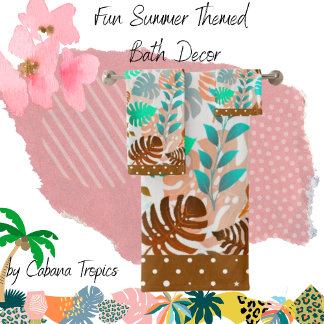 Tropical Leaves Teal, Brown, Coral Fancy Trim  Bath Towel Set