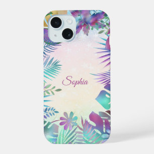 Tropical Leaves, Teal & Green Ombre, Script Name iPhone 15 Case