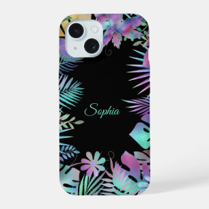 Tropical Leaves, Teal Script Name on Black iPhone 15 Case