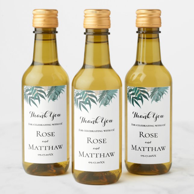 Tropical leaves Thank You Wedding Mini  Wine Label (Bottles)