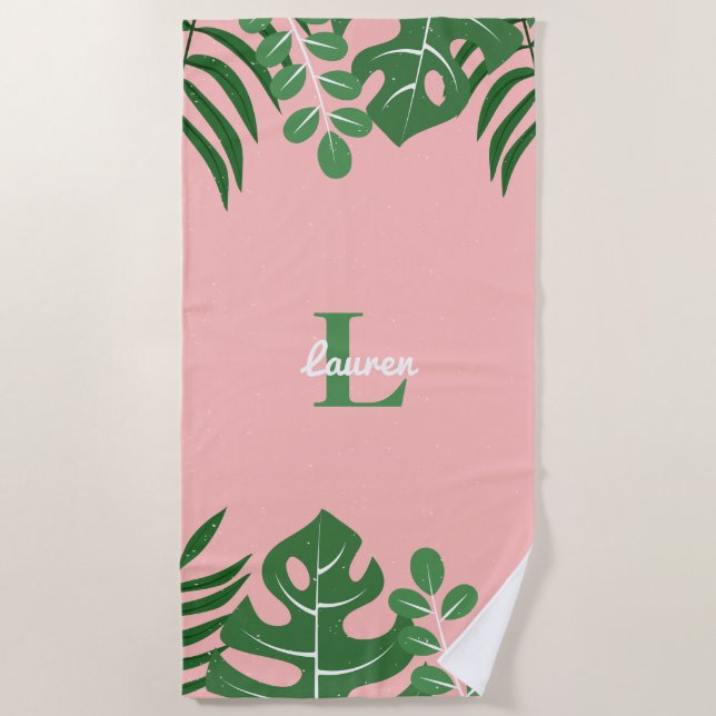 Tropical Leaves Trendy Monogram Beach Towel (Front)