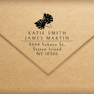 Tropical Leaves Two Surnames Couple Return Address Self-inking Stamp