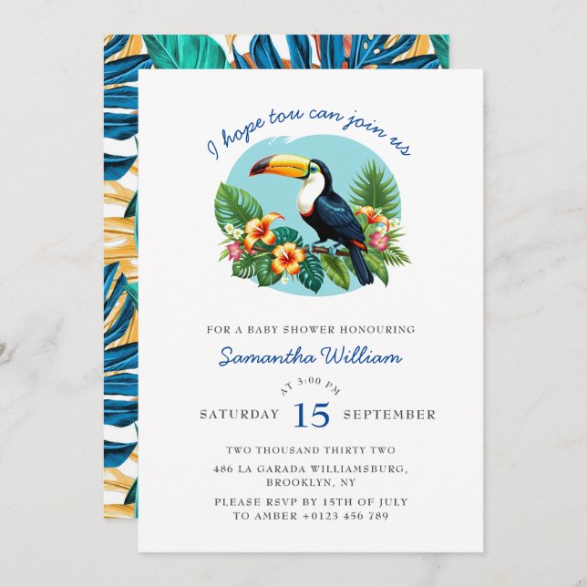 Tropical Leaves Vibrant Toucan Baby Shower Invitation (Front/Back)