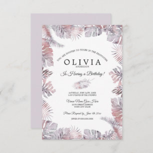 Tropical Leaves Watercolor Birthday Mauve Rose Invitation