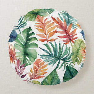 Tropical Leaves Watercolor Design Round Cushion