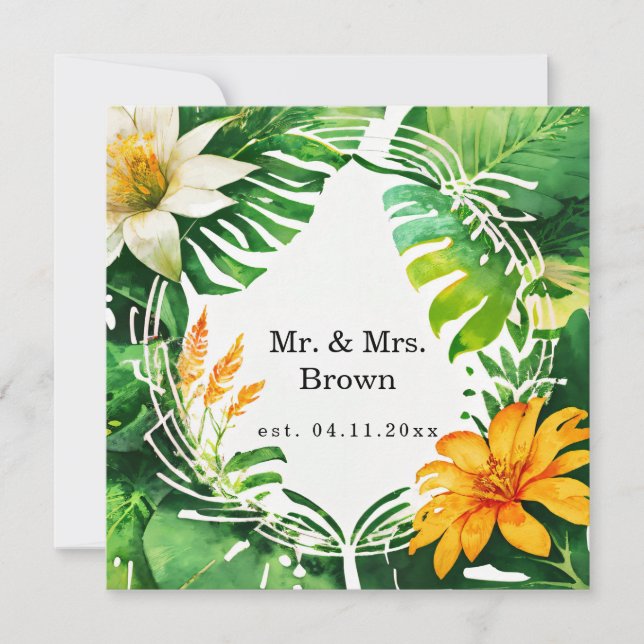 Tropical leaves watercolor invitation (Front)