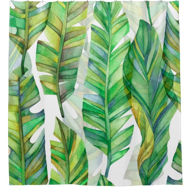 Tropical Leaves: Watercolor Seamless Pattern Shower Curtain (Front)