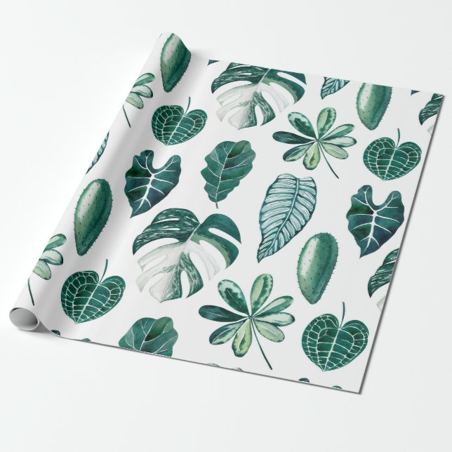 Tropical leaves watercolor seamless pattern with m wrapping paper (Unrolled)