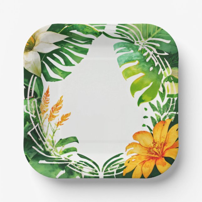 Tropical leaves watercolor set paper plate (Front)