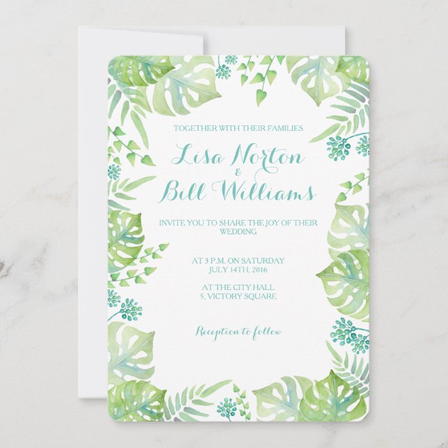Tropical leaves watercolor wedding invitation (Front)