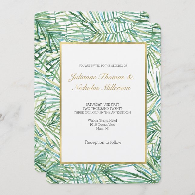 Tropical Leaves Watercolor Wedding Invitation (Front/Back)