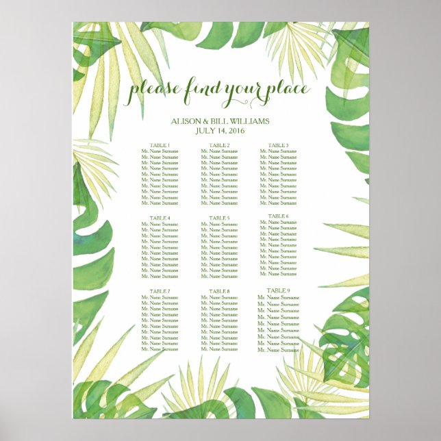 Tropical leaves wedding dinner seating chart (Front)