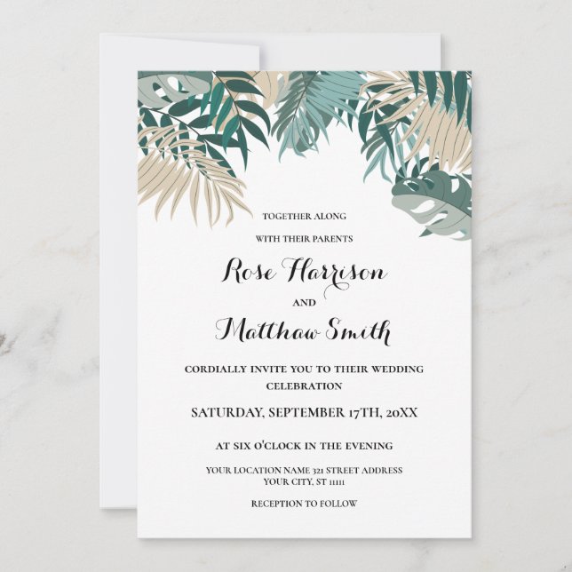 Tropical leaves Wedding Invitation (Front)