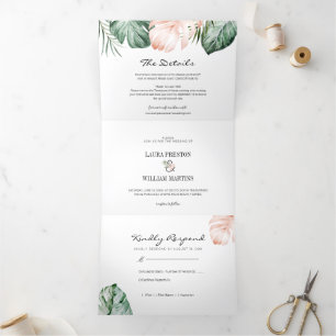 Tropical Leaves Wedding Photo with RSVP Details Tri-Fold Invitation