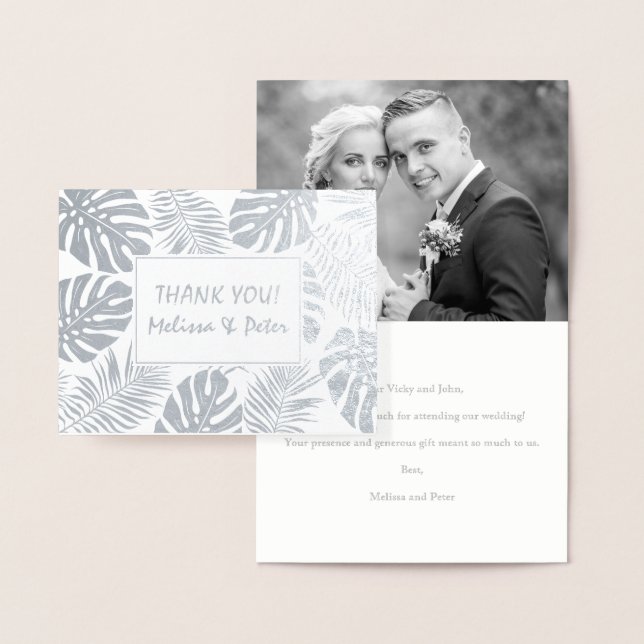 Tropical leaves wedding Thank you photo silver Foil Card (Display)