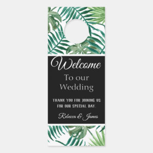 Tropical Leaves Wedding Welcome Black Door Hanger