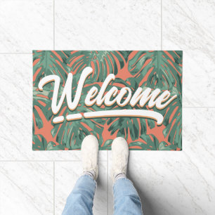 Tropical Leaves Welcome Script Green Orange Doormat