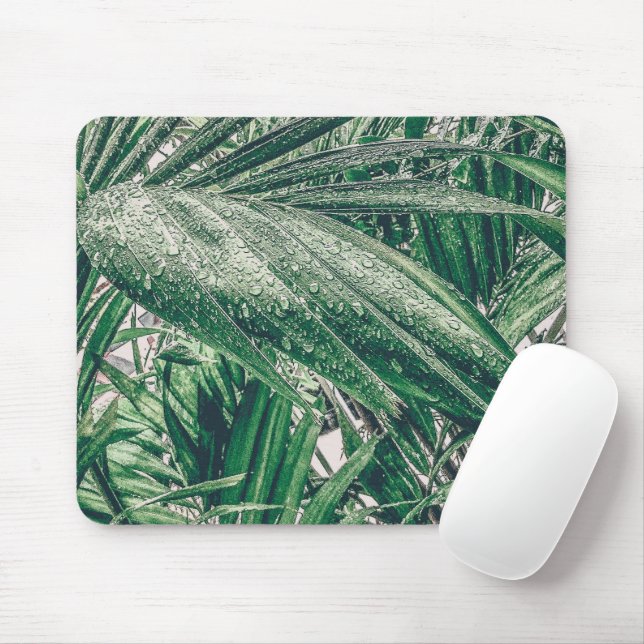 Tropical Leaves with Raindrops Mouse Pad (With Mouse)