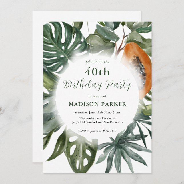 Tropical Leaves Wreath Birthday Invitation (Front/Back)