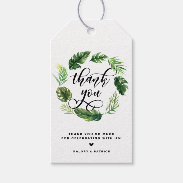 Tropical Leaves Wreath Summer Wedding Thank You Gift Tags (Front)