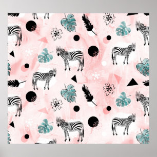 Tropical Leaves Zebras Tie-Dye Pattern Poster